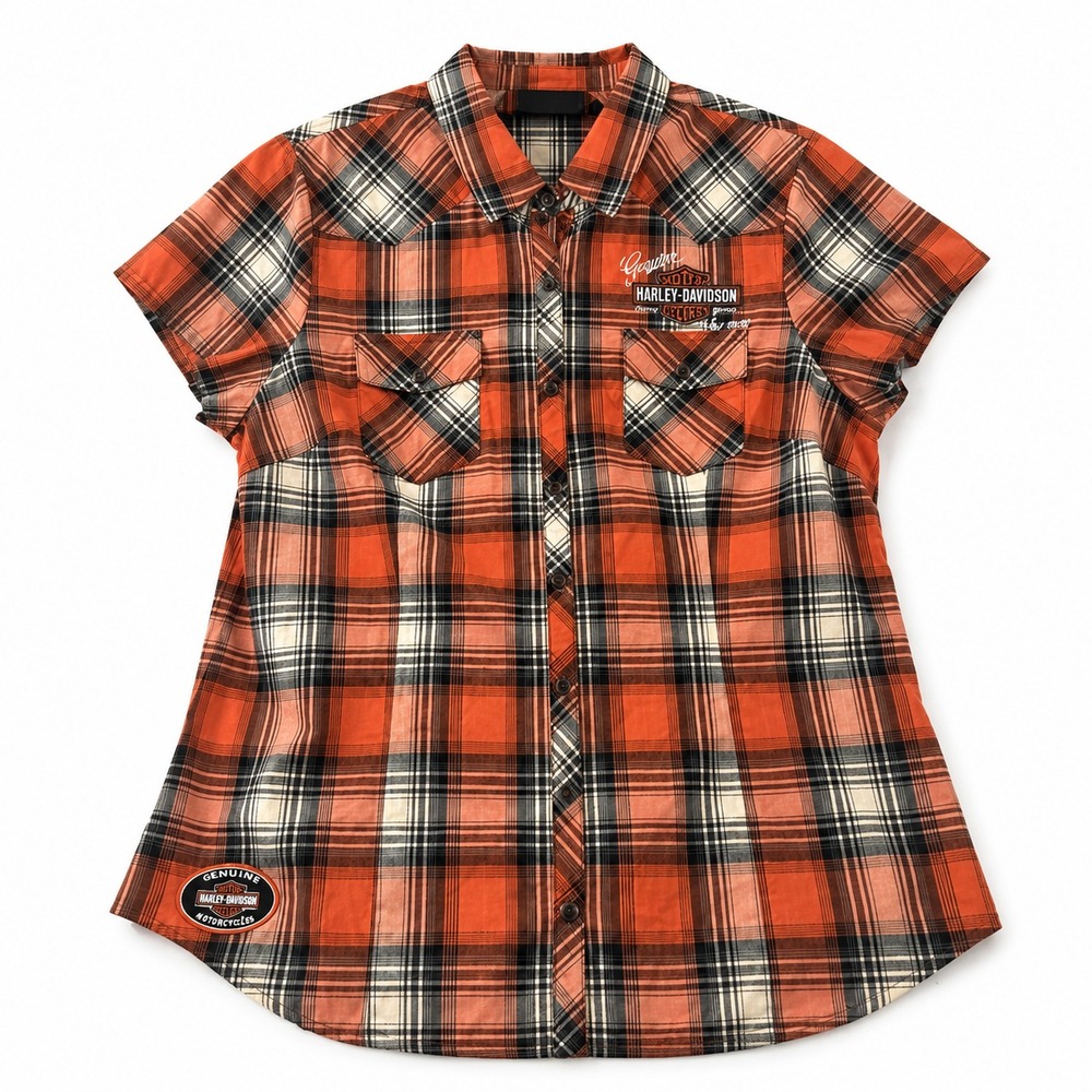 Harley Davidson Shirt Womens XL Orange Plaid Snap Front Graphic Biker Western